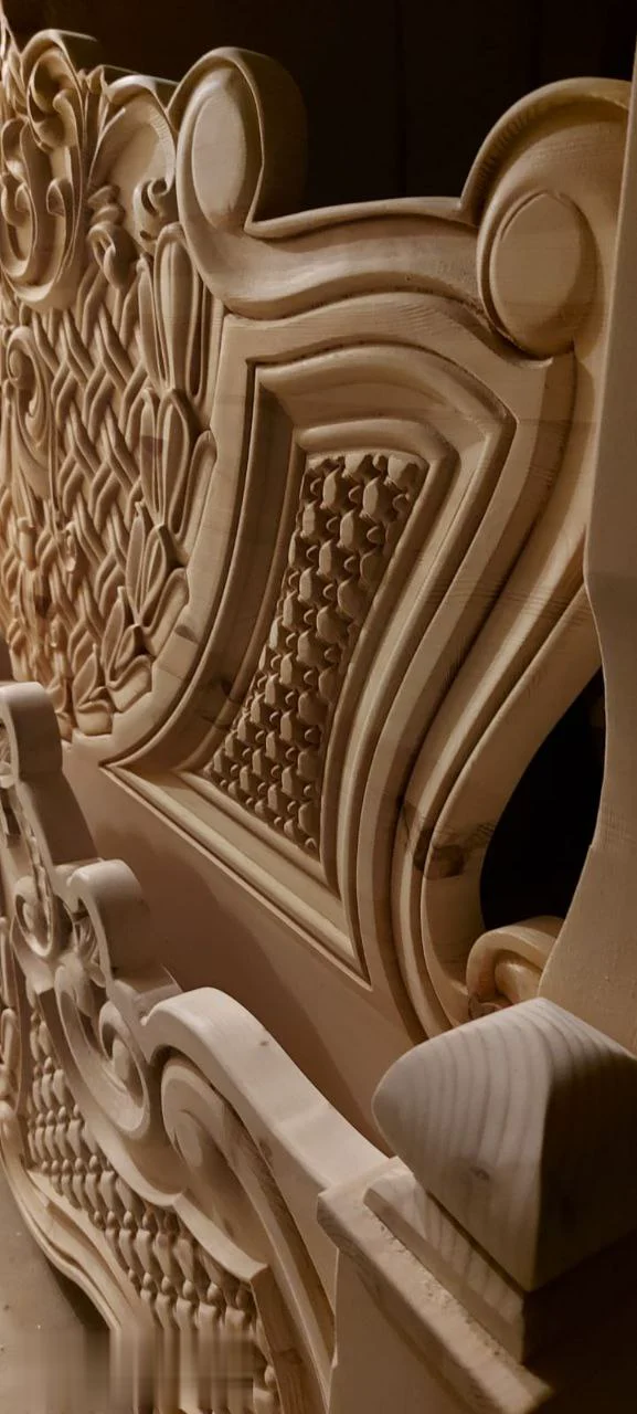 Close-up of intricate wood carving